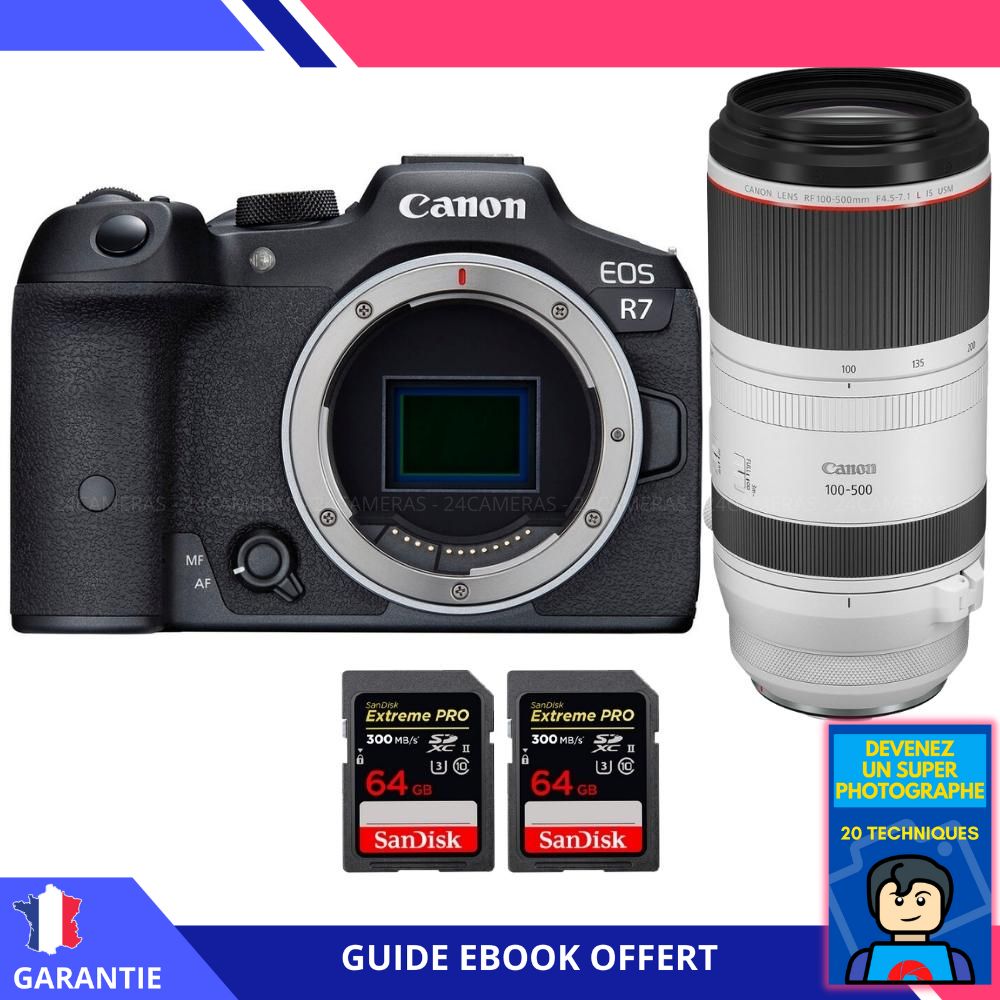 Canon EOS R7 + RF 100-500mm F4.5-7.1 L IS USM + 2 SanDisk 64GB Extreme PRO UHS-II SDXC 300MB/s + Ebook 'Devenez Un Super Photographe' - Hybrid Canon