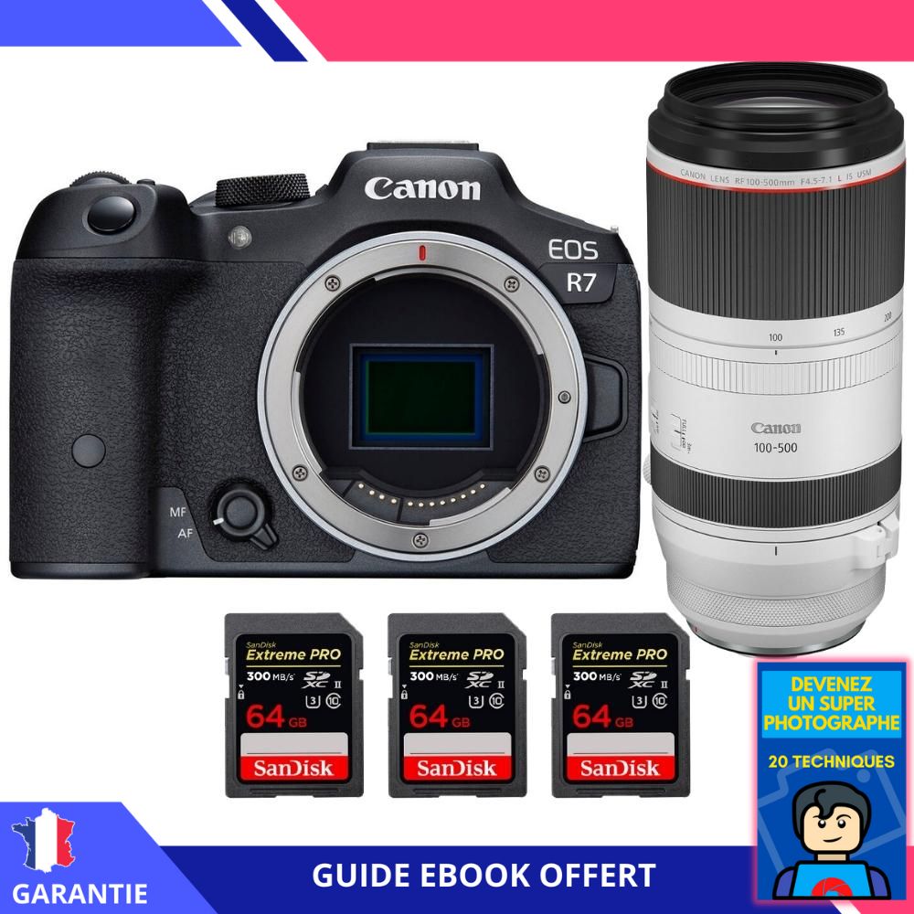 Canon EOS R7 + RF 100-500mm F4.5-7.1 L IS USM + 3 SanDisk 64GB Extreme PRO UHS-II SDXC 300 MB/s + Ebook 'Devenez Un Super Photographe' - Hybrid Canon