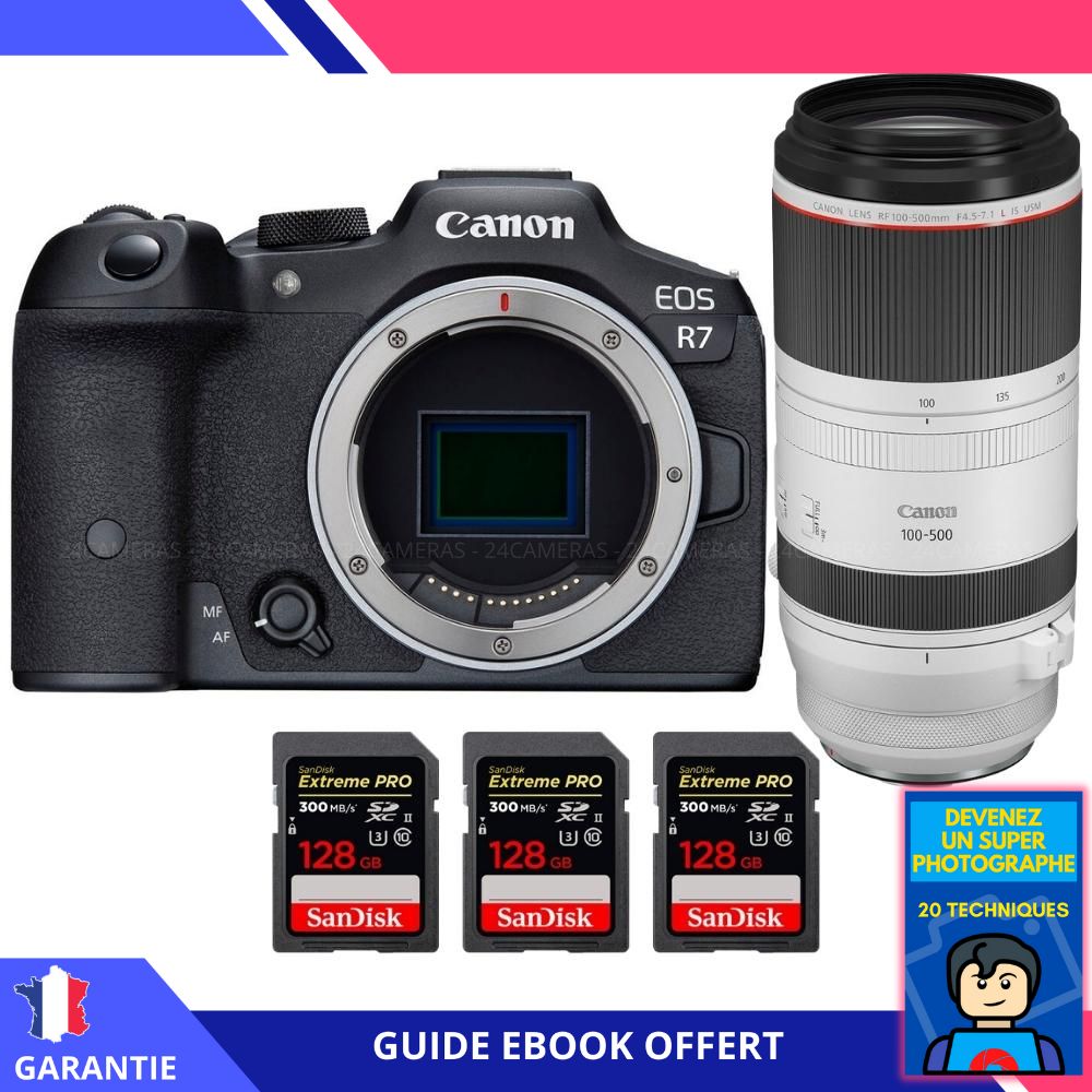 Canon EOS R7 + RF 100-500mm F4.5-7.1 L IS USM + 3 SanDisk 128GB Extreme PRO UHS-II SDXC 300 MB/s + Ebook 'Devenez Un Super Photographe' - Hybrid Canon