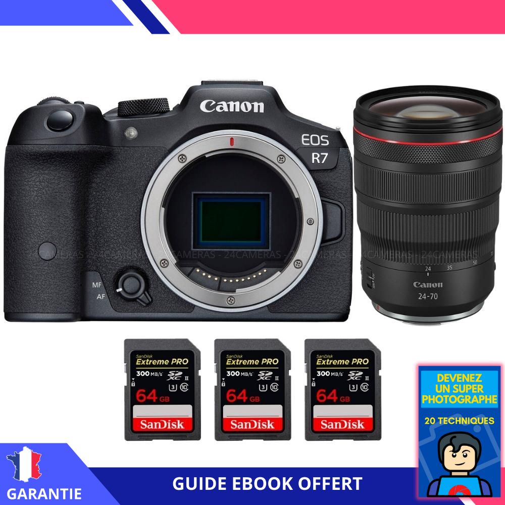 Canon EOS R7 + RF 24-70mm F2.8 L IS USM Lens + 3x 64GB SanDisk Extreme PRO UHS-II SDXC Cards + 'Become a Super Photographer' Ebook - Hybrid Canon