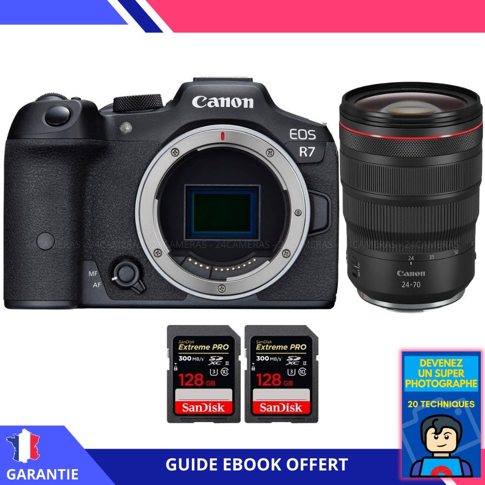 Canon EOS R7 + RF 24-70mm F2.8 L IS USM Lens + 2x 128GB SanDisk Extreme PRO UHS-II SDXC Cards + 'Become a Super Photographer' Ebook - Hybrid Camera