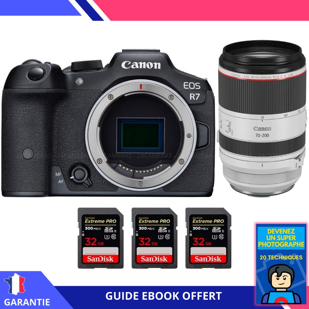 Canon EOS R7 + RF 70-200mm F2.8 L IS USM + 3 SanDisk 32GB Extreme PRO UHS-II SDXC 300 MB/s + Ebook 'Devenez Un Super Photographe' - Hybrid Canon