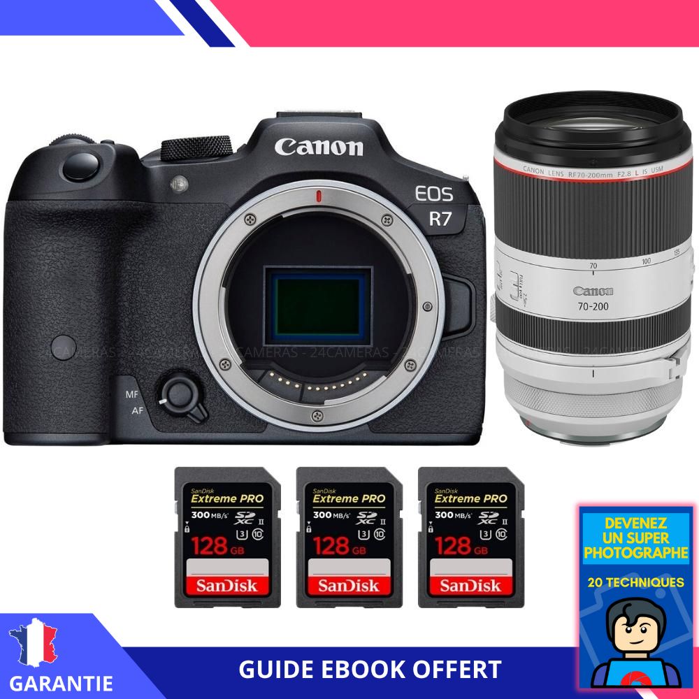 Canon EOS R7 + RF 70-200mm F2.8 L IS USM + 3 SanDisk 128GB Extreme PRO UHS-II SDXC 300MB/s + Ebook 'Devenez Un Super Photographe' - Hybrid Canon