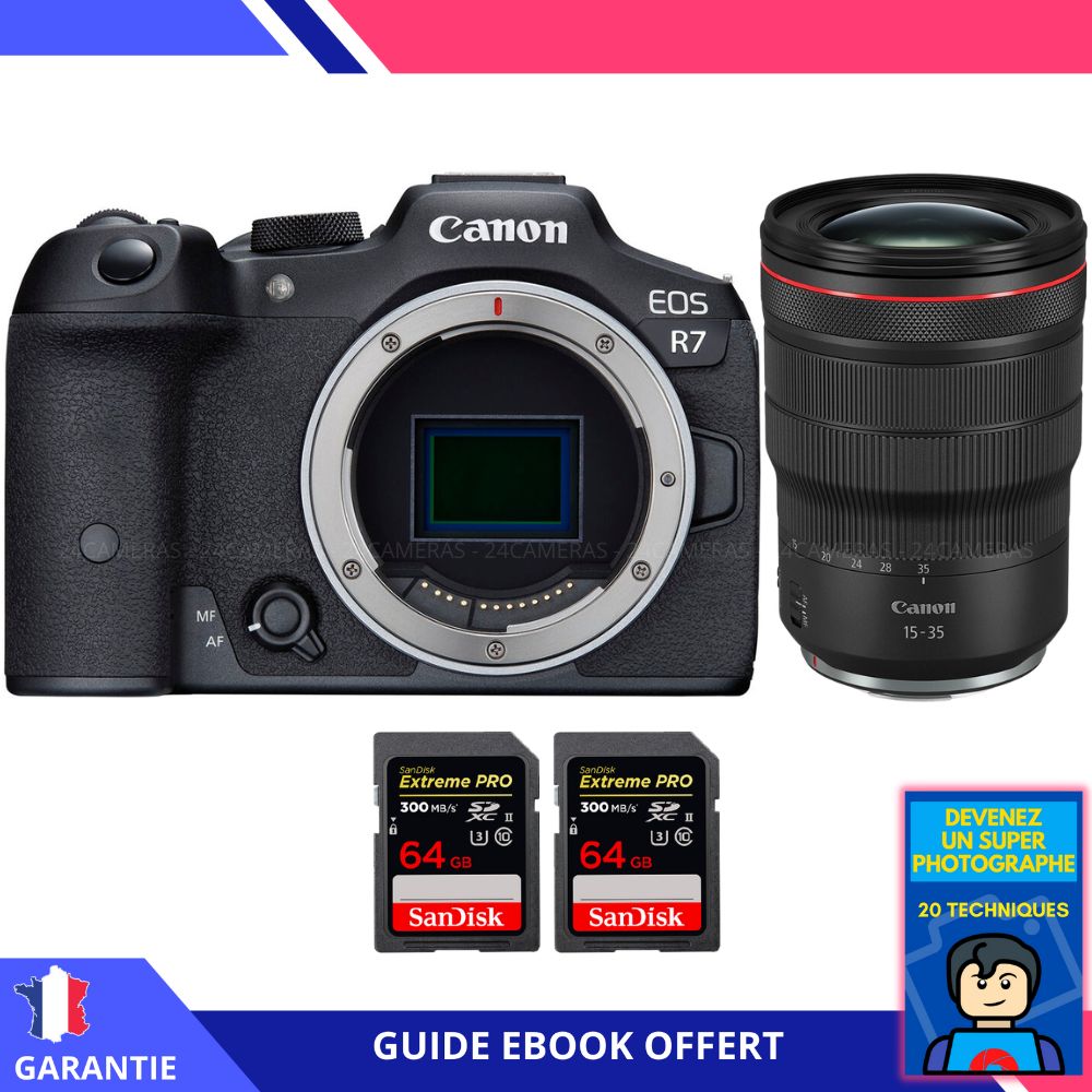 Canon EOS R7 + RF 15-35mm F2.8 L IS USM + 2 SanDisk 64GB Extreme PRO UHS-II SDXC 300 MB/s + Ebook 'Devenez Un Super Photographe' - Hybrid Canon