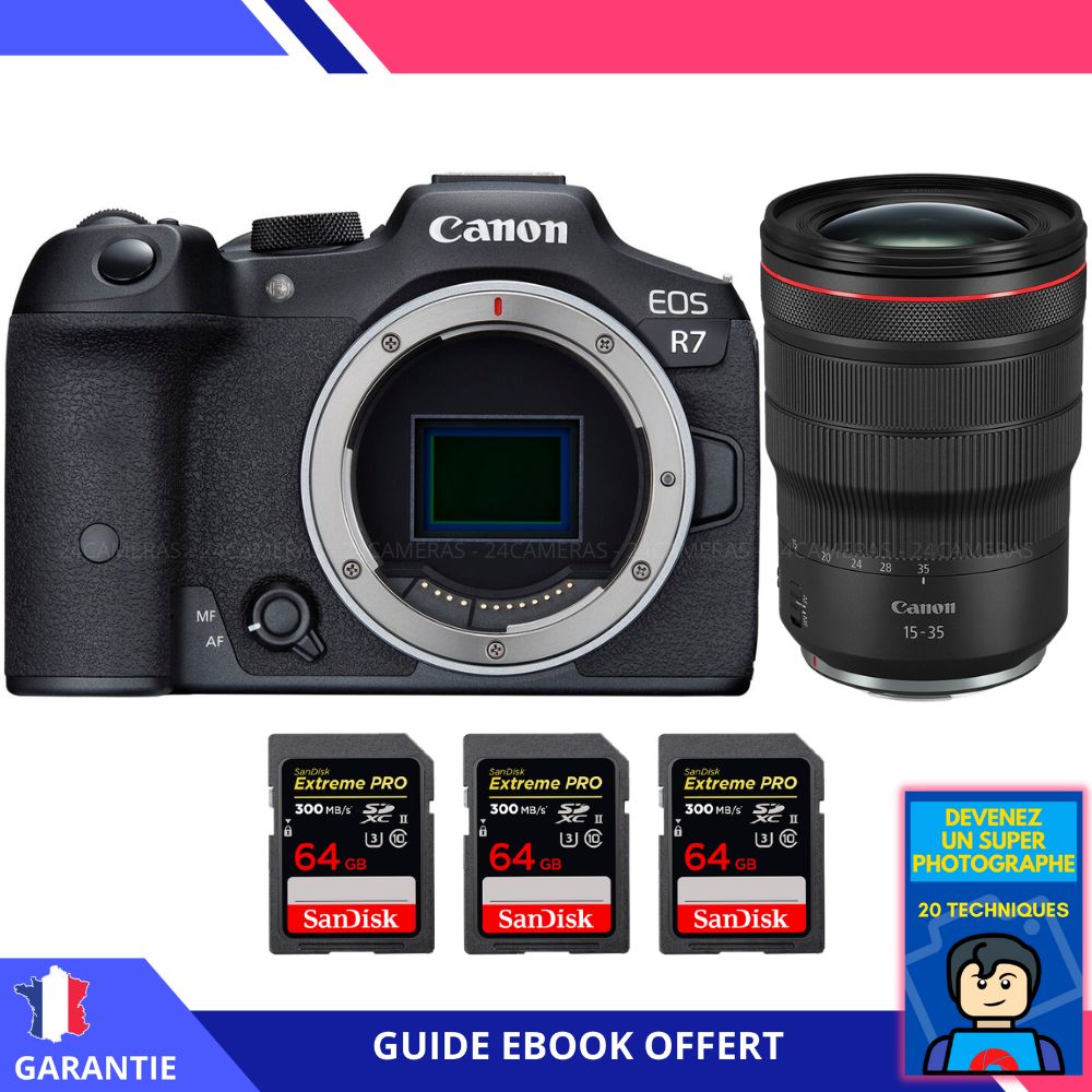 Canon EOS R7 + RF 15-35mm F2.8 L IS USM + 3 SanDisk 64GB Extreme PRO UHS-II SDXC 300MB/s + Ebook 'Devenez Un Super Photographe' - Hybrid Canon