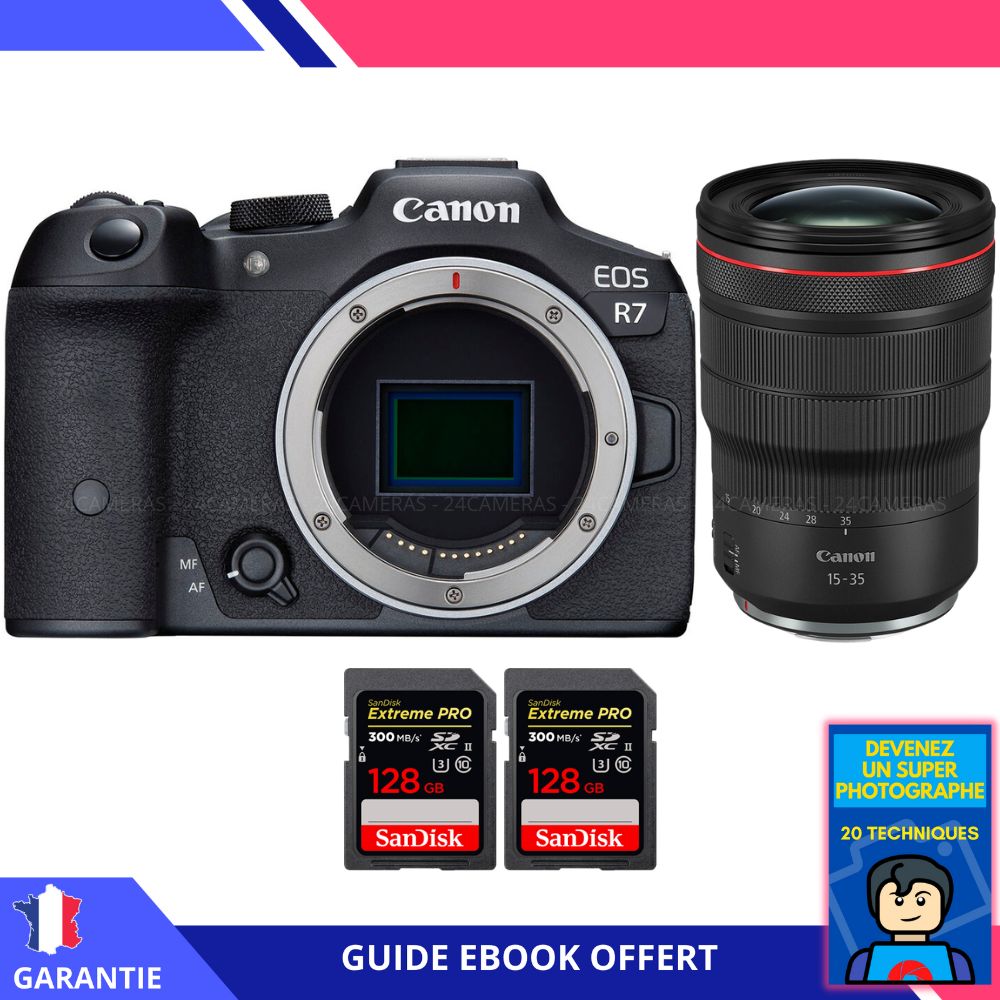 Canon EOS R7 + RF 15-35mm F2.8 L IS USM + 2 SanDisk 128GB Extreme PRO UHS-II SDXC 300 MB/s + Ebook 'Devenez Un Super Photographe' - Hybrid Canon
