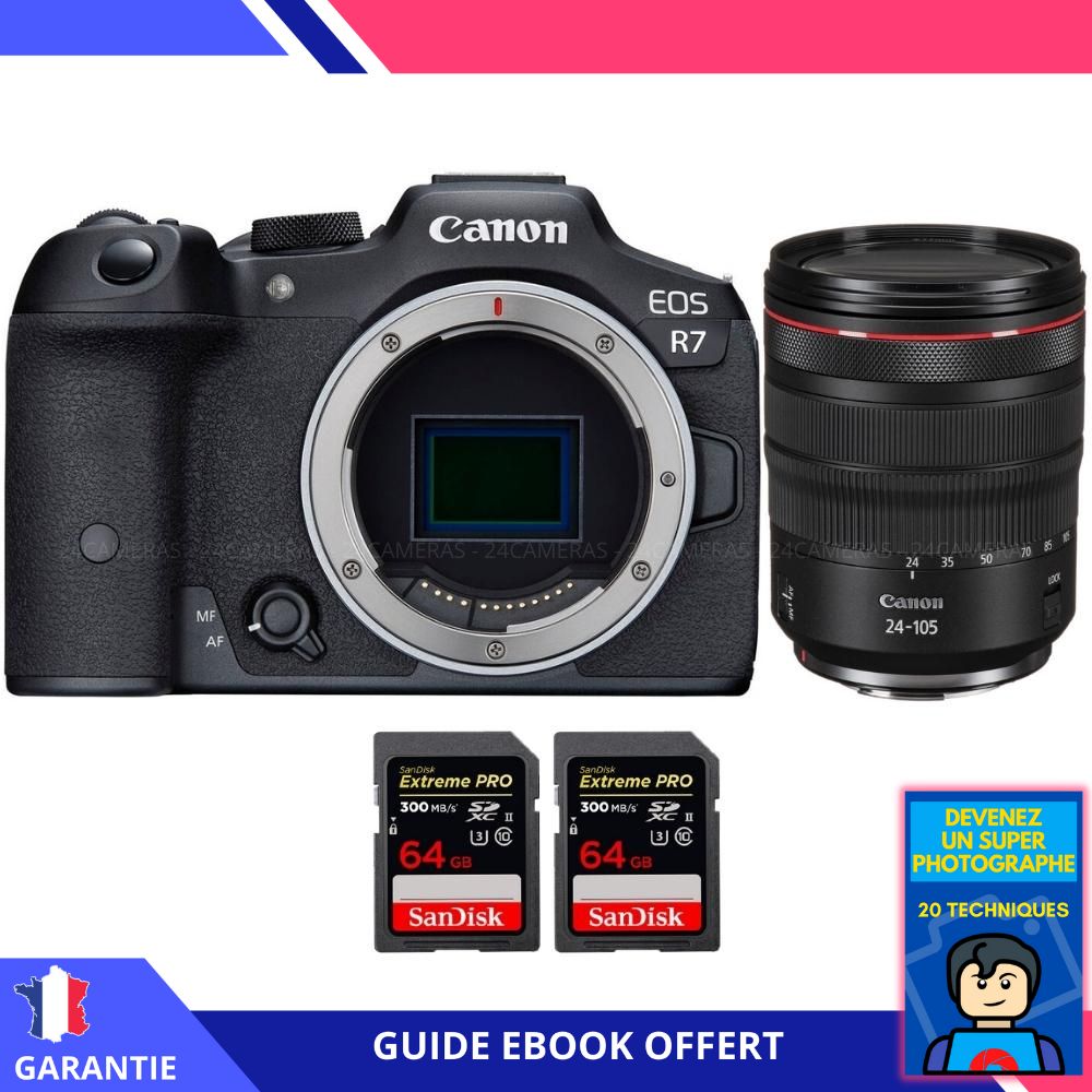 Canon EOS R7 + RF 24-105mm F4 L IS USM + 2 SanDisk 64GB Extreme PRO UHS-II SDXC 300MB/s + Ebook 'Devenez Un Super Photographe' - Hybrid Camera