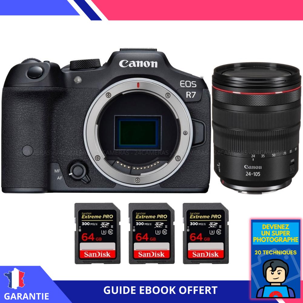Canon EOS R7 + RF 24-105mm F4 L IS USM + 3 SanDisk 64GB Extreme PRO UHS-II SDXC 300MB/s + Ebook 'Devenez Un Super Photographe' - Hybrid Camera