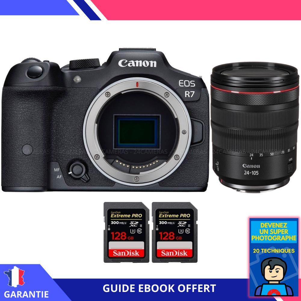 Canon EOS R7 + RF 24-105mm F4 L IS USM + 2x SanDisk 128GB Extreme PRO UHS-II SDXC 300MB/s + Ebook 'Devenez Un Super Photographe' - Hybrid Camera