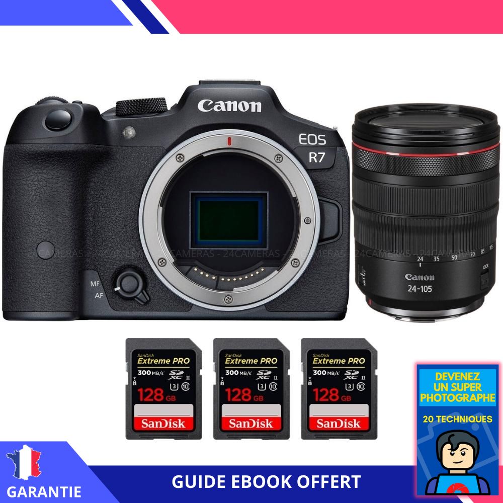Canon EOS R7 + RF 24-105mm F4 L IS USM + 3 SanDisk 128GB Extreme PRO UHS-II SDXC 300 MB/s + Ebook 'Devenez Un Super Photographe' - Hybrid Canon