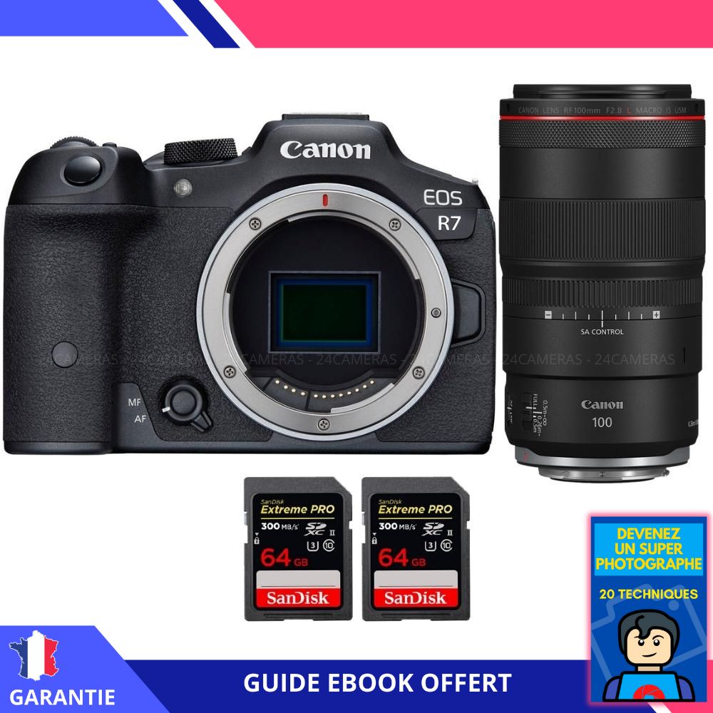 Canon EOS R7 + RF 100mm F2.8 L Macro IS USM + 2 SanDisk 64GB Extreme PRO UHS-II SDXC 300MB/s + Ebook 'Devenez Un Super Photographe' - Hybrid Canon