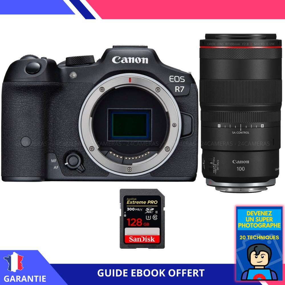 Canon EOS R7 + RF 100mm F2.8 L Macro IS USM + 1 SanDisk 128GB Extreme PRO UHS-II SDXC 300MB/s + Ebook 'Devenez Un Super Photographe' - Hybrid Canon