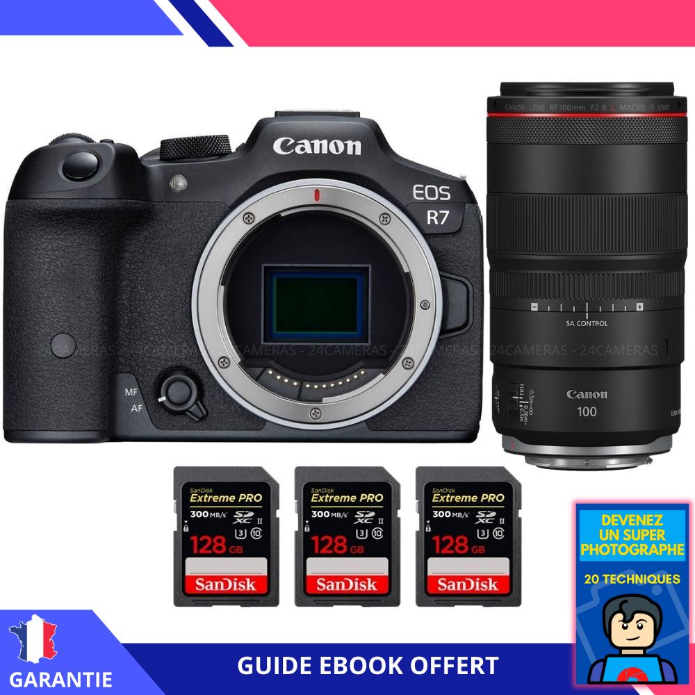 Canon EOS R7 + RF 100mm F2.8 L Macro IS USM Lens + 3 SanDisk 128GB Extreme PRO UHS-II SDXC Cards + 'Become a Super Photographer' Ebook - Canon Hybrid