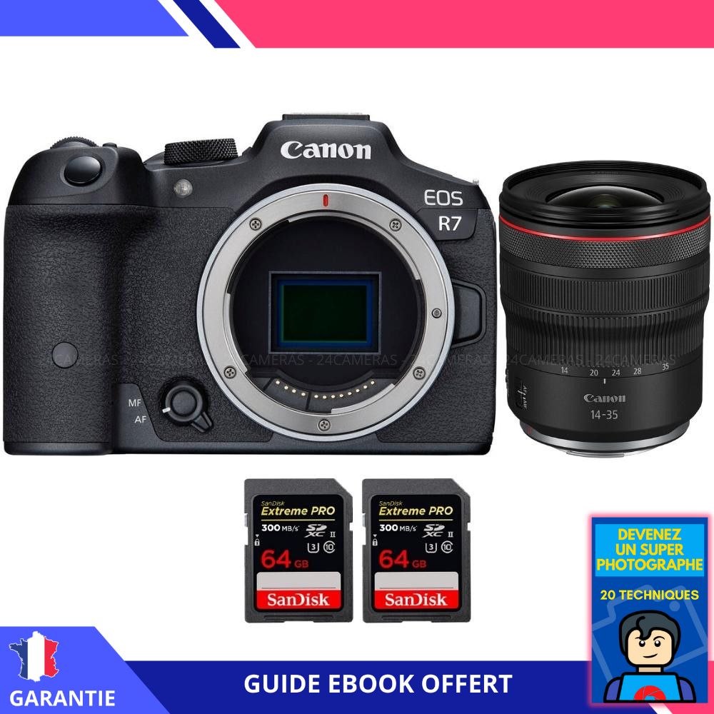 Canon EOS R7 + RF 14-35mm F4 L IS USM Lens + 2x 64GB SanDisk Extreme PRO UHS-II SDXC Cards + 'Become a Super Photographer' Ebook - Canon Hybrid
