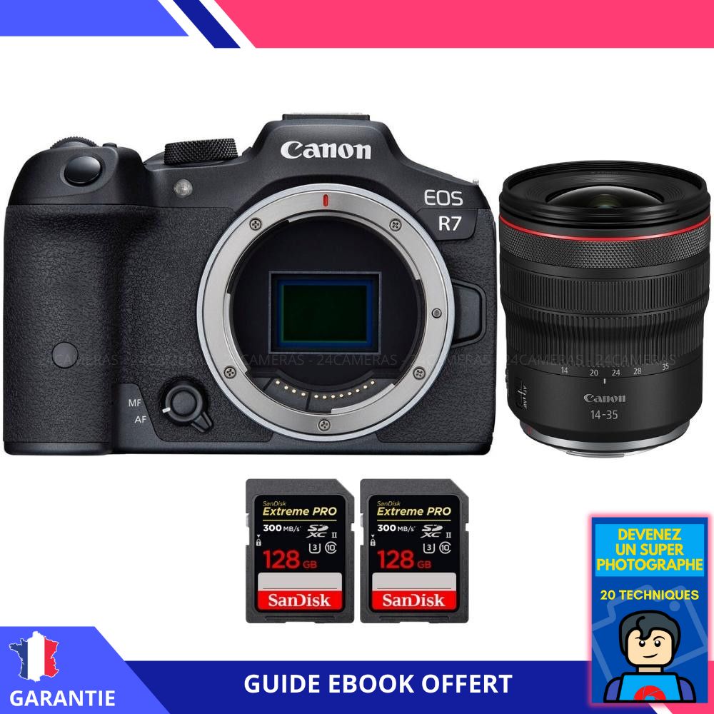 Canon EOS R7 + RF 14-35mm F4 L IS USM + 2 SanDisk 128GB Extreme PRO UHS-II SDXC 300 MB/s + Ebook 'Devenez Un Super Photographe' - Hybrid Canon