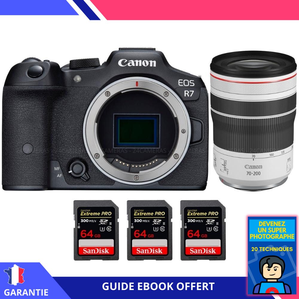 Canon EOS R7 + RF 70-200mm F4 L IS USM + 3 SanDisk 64GB Extreme PRO UHS-II SDXC 300MB/s + Ebook 'Devenez Un Super Photographe' - Hybrid Canon