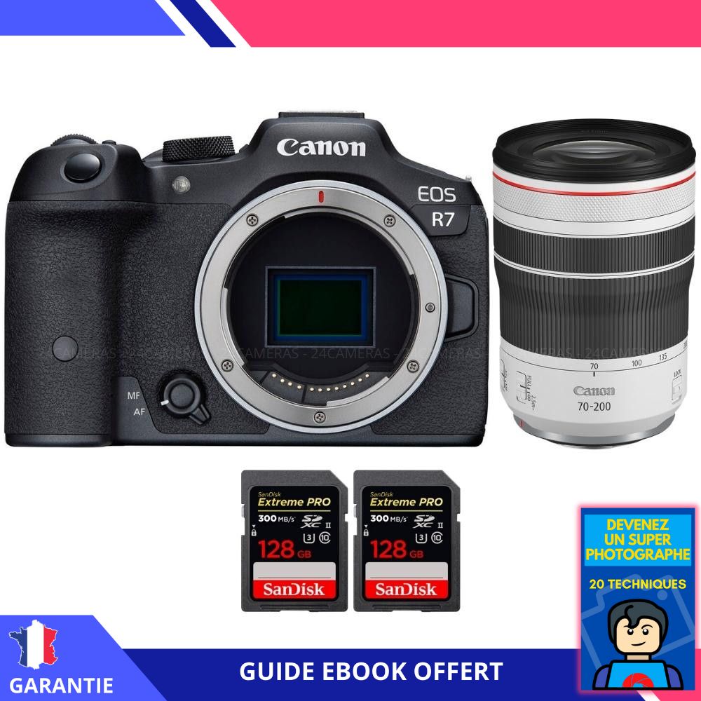 Canon EOS R7 + RF 70-200mm F4 L IS USM + 2 SanDisk 128GB Extreme PRO UHS-II SDXC 300MB/s + Ebook - Hybrid Canon
