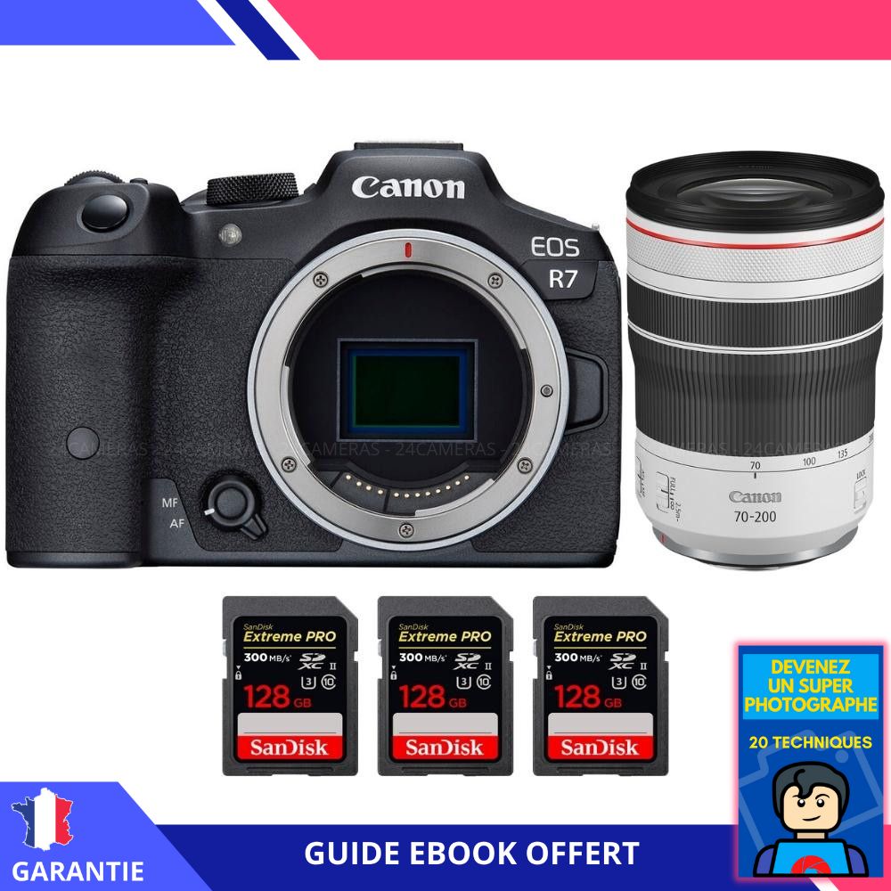 Canon EOS R7 + RF 70-200mm F4 L IS USM + 3 SanDisk 128GB Extreme PRO UHS-II SDXC 300 MB/s + Ebook 'Devenez Un Super Photographe' - Hybrid Canon