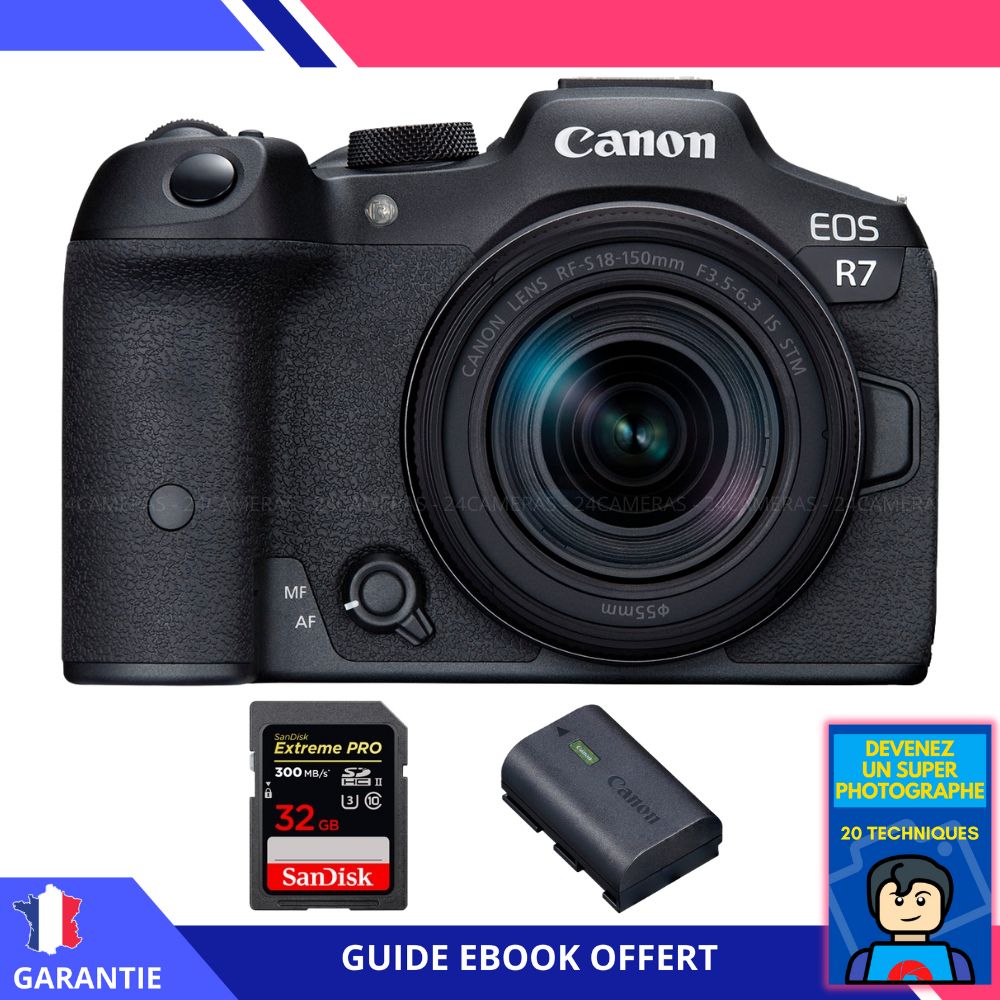 Canon EOS R7 + lente RF-S 18-150mm STM + 1 tarjeta SanDisk 32GB Extreme PRO UHS-II SDXC + 1 batería Canon LP-E6NH + ebook 'Conviértete en un Super Fotógrafo' - Cámara híbrida