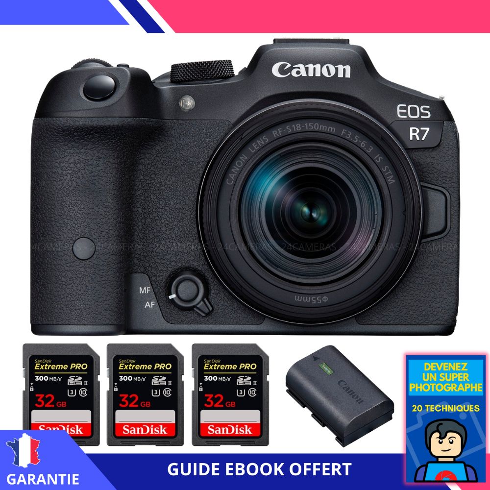 Appareil photo hybride Canon EOS R7 + RF-S 18-150mm STM + 3 cartes SanDisk 32 Go Extreme PRO UHS-II SDXC 300 Mo/s + chargeur Canon LP-E6NH + ebook 'Devenez Un Super Photographe'
