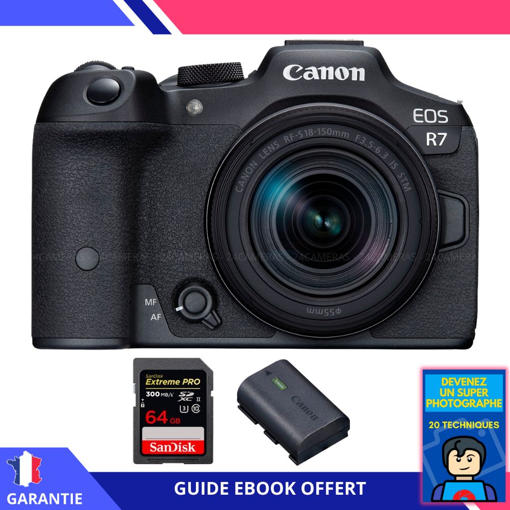 Canon EOS R7 + RF-S 18-150mm STM + Tarjeta SanDisk 64GB Extreme PRO UHS-II + Cargador Canon LP-E6NH + Ebook 'Conviértete en un Fotógrafo Experto' - Cámara híbrida