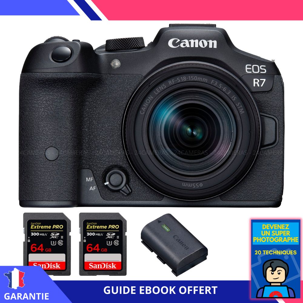Appareil photo hybride Canon EOS R7 + RF-S 18-150mm STM + 2 cartes SanDisk 64 Go Extreme PRO UHS-II SDXC 300 Mo/s + chargeur LP-E6NH + ebook 'Devenez Un Super Photographe'