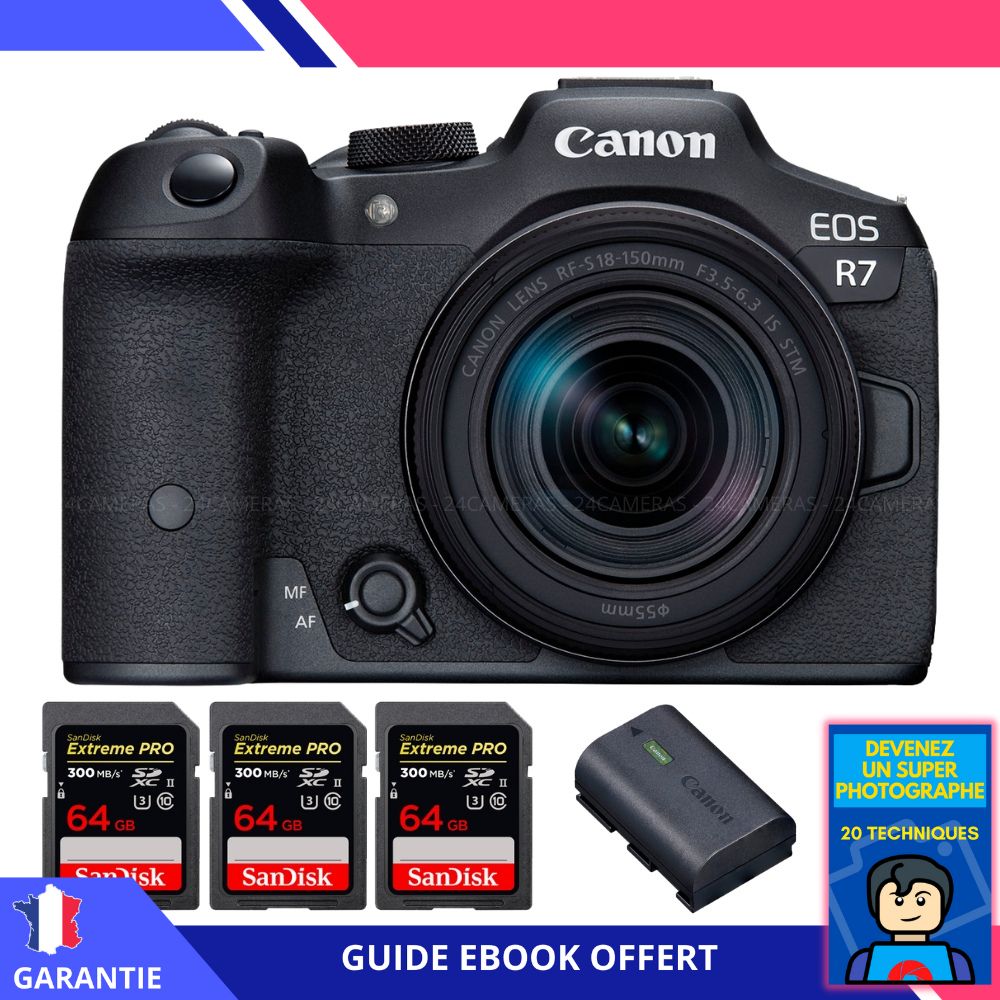 Appareil photo hybride Canon EOS R7 + RF-S 18-150mm STM + 3 cartes SanDisk 64 Go Extreme PRO UHS-II SDXC 300 Mo/s + 1 batterie Canon LP-E6NH + ebook 'Devenez un super photographe'