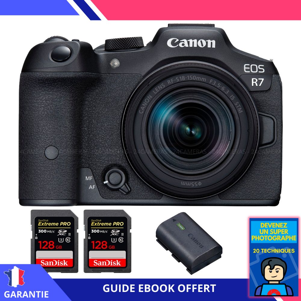 Canon EOS R7 + objectif RF-S 18-150mm STM + 2 cartes SanDisk 128 Go Extreme PRO UHS-II SDXC 300 Mo/s + batterie LP-E6NH + ebook 'Devenez un super photographe'