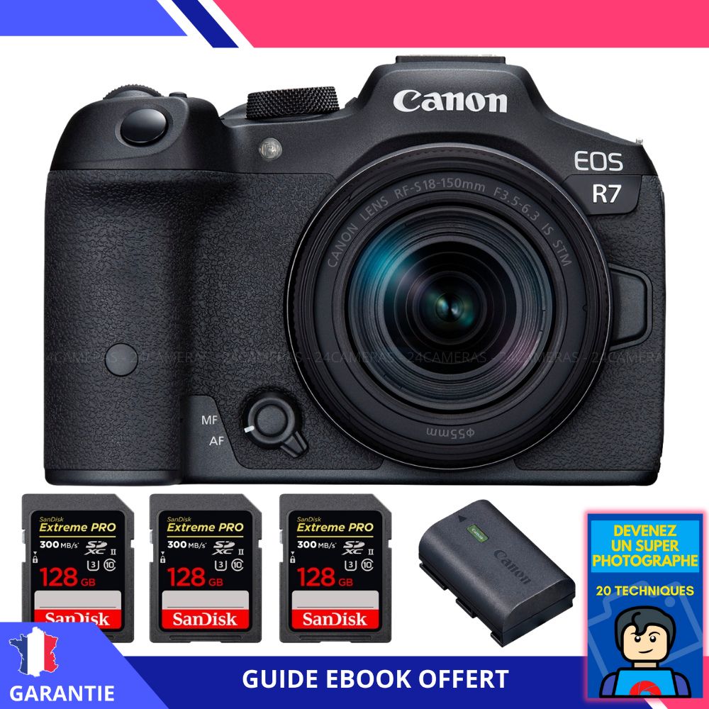 Appareil photo hybride Canon EOS R7 + RF-S 18-150mm STM + 3 cartes SD SanDisk 128 Go Extreme PRO UHS-II + chargeur LP-E6NH + ebook 'Devenez un super photographe'