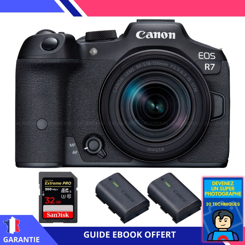 Canon EOS R7 + objectif RF-S 18-150mm STM + carte SDXC SanDisk 32 Go Extreme PRO UHS-II 300 Mo/s + 2 batteries LP-E6NH Canon + ebook 'Devenez Un Super Photographe'