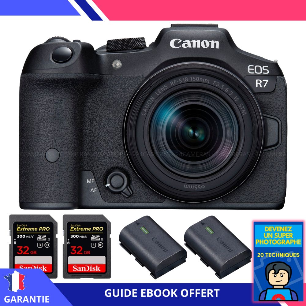 Canon EOS R7 + Objectif RF-S 18-150mm STM + 2 Cartes SDHC SanDisk Extreme PRO 32 Go UHS-II 300 Mo/s + 2 Batteries Canon LP-E6NH + Ebook 'Devenez un Super Photographe' - Appareil photo hybride