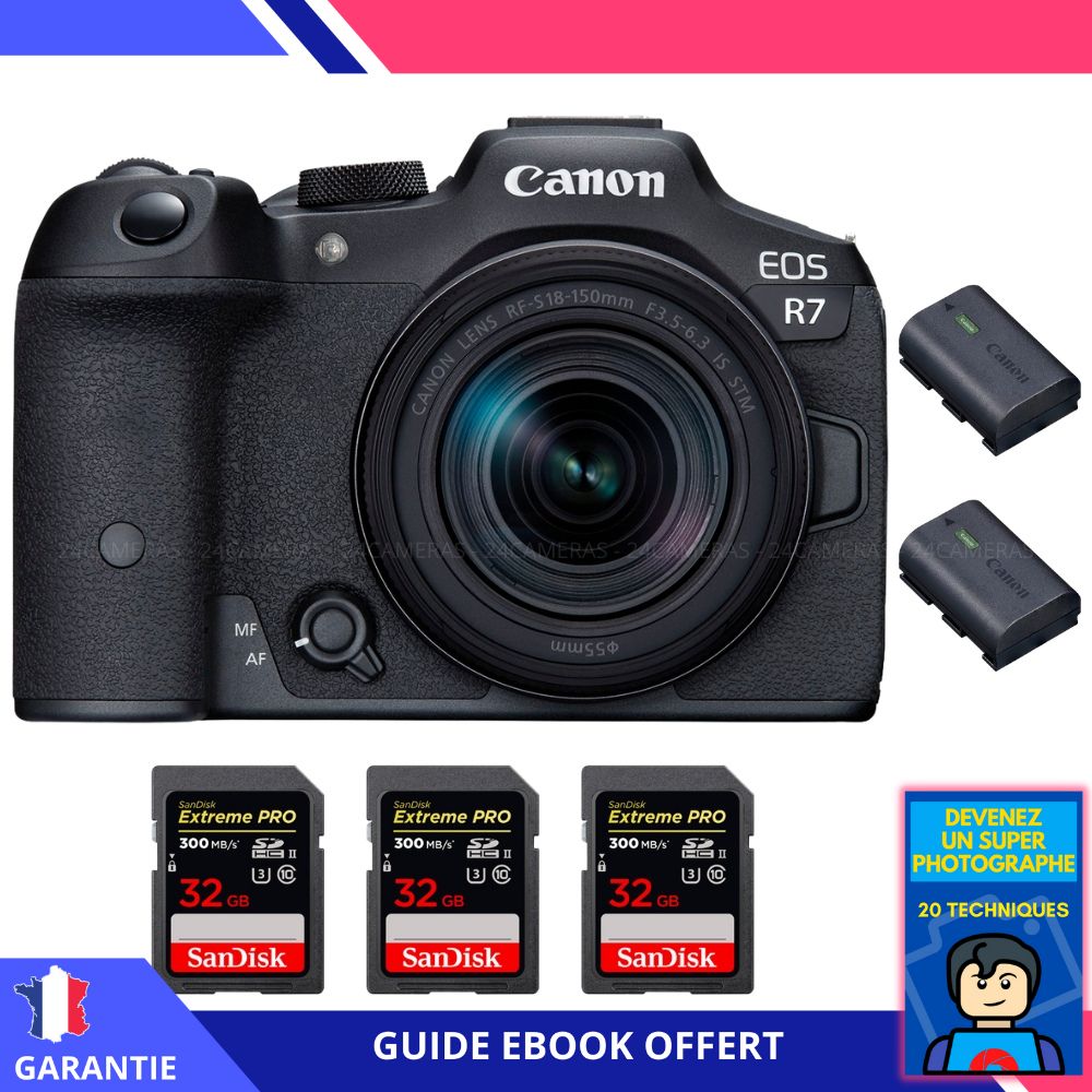 Canon EOS R7 + RF-S 18-150mm STM + 3 SanDisk 32 Go Extreme PRO UHS-II SDXC 300 Mo/s + 2 Canon LP-E6NH + Ebook 'Devenez un Super Photographe' - Appareil photo hybride