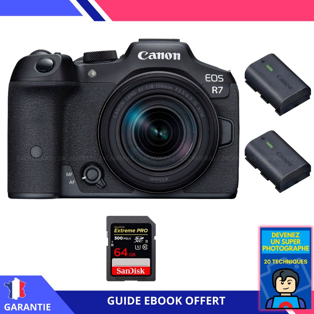 Canon EOS R7 + objectif RF-S 18-150mm STM + carte SanDisk 64Go Extreme PRO UHS-II SDXC 300 Mo/s + 2 batteries Canon LP-E6NH + ebook 'Devenez un super photographe'