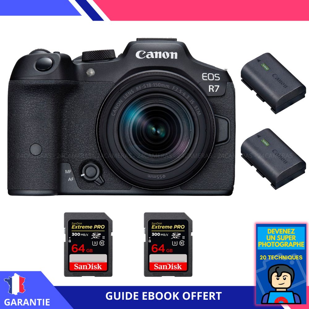 Canon EOS R7 + RF-S 18-150mm STM + 2 SanDisk 64Go Extreme PRO UHS-II SDXC 300 Mo/s + 2 Canon LP-E6NH + Ebook 'Devenez un Super Photographe' - Appareil photo hybride