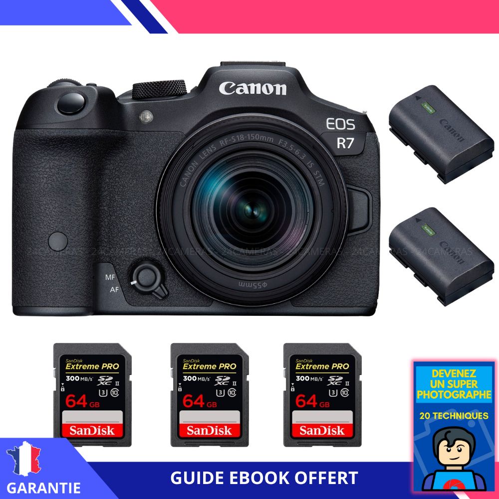 Canon EOS R7 + objectif RF-S 18-150mm STM + 3 cartes SanDisk 64Go Extreme PRO UHS-II SDXC 300 Mo/s + 2 batteries Canon LP-E6NH + ebook 'Devenez un Photographe Expert' - Hybrid Canon