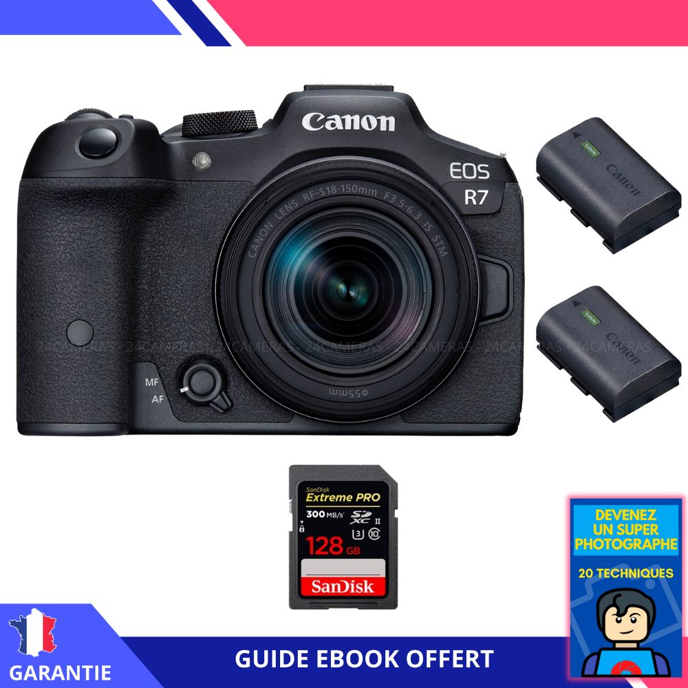 Canon EOS R7 + Objectif RF-S 18-150mm STM + 1 Carte SanDisk 128 Go Extreme PRO UHS-II SDXC + 2 Batteries Canon LP-E6NH + Ebook - Appareil photo hybride