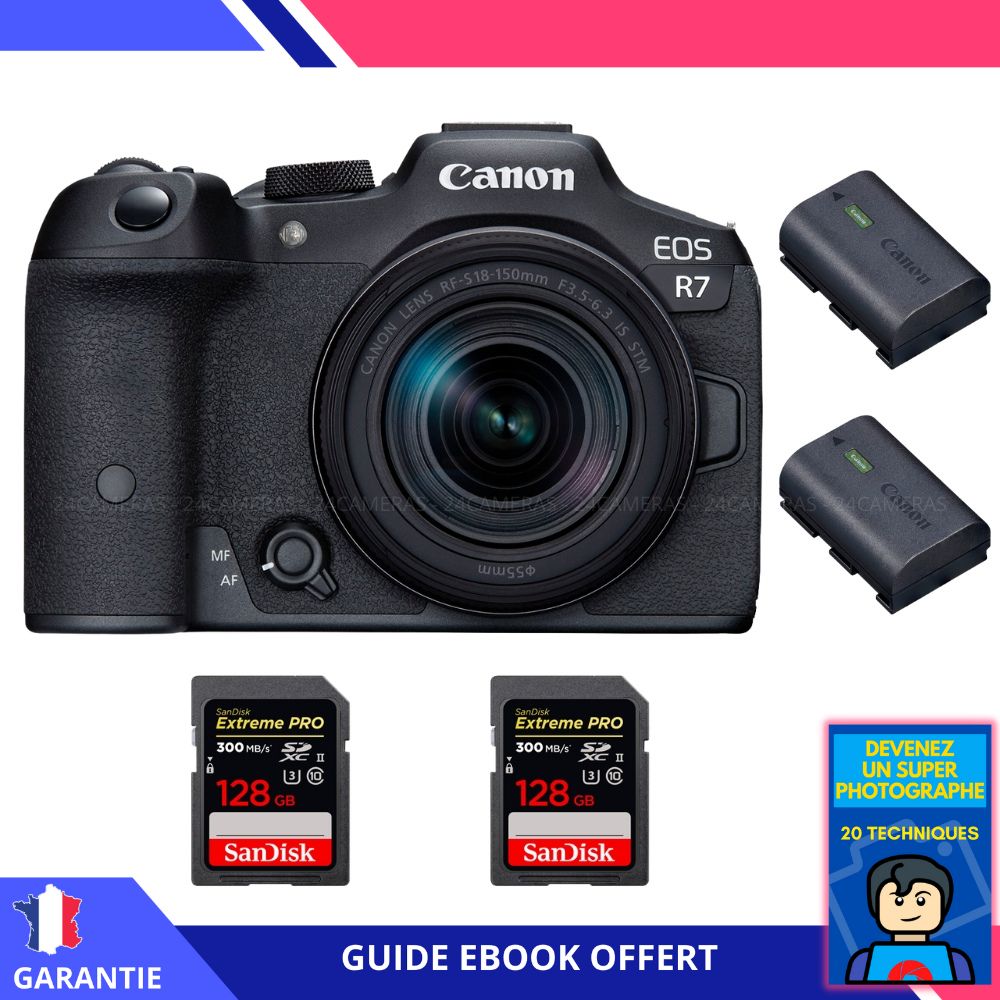 Canon EOS R7 + objectif RF-S 18-150mm STM + 2 cartes Sandisk 128Go Extreme PRO UHS-II SDXC + 2 batteries LP-E6NH Canon + ebook 'Devenez Un Super Photographe'