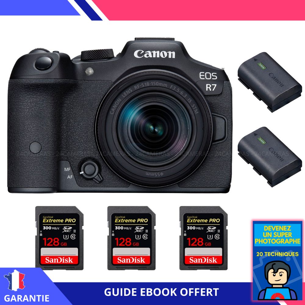 Canon EOS R7 + Objectif RF-S 18-150mm STM + 3 Cartes SDXC SanDisk 128 Go Extreme PRO UHS-II + 2 Batteries Canon LP-E6NH + Ebook 'Devenez un Super Photographe' - Appareil photo hybride