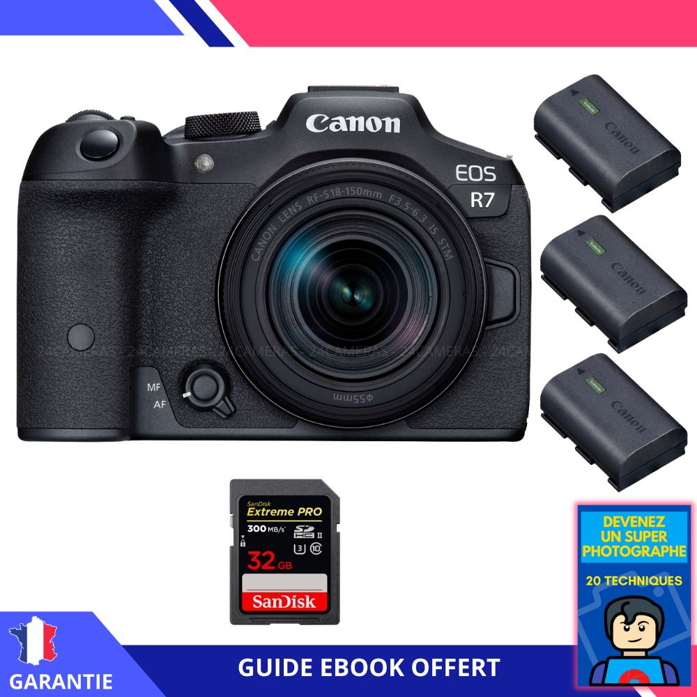 Canon EOS R7 + RF-S 18-150mm STM + 1 SanDisk 32Go Extreme PRO UHS-II SDXC 300Mo/s + 3 Canon LP-E6NH + Ebook 'Devenez un Super Photographe' - Appareil photo hybride