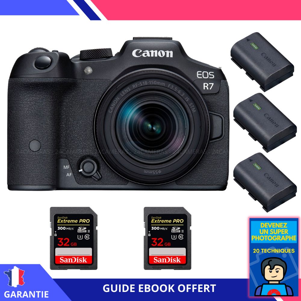 Canon EOS R7 + RF-S 18-150mm STM + 2 SanDisk 32 Go Extreme PRO UHS-II SDXC 300 Mo/s + 3 Canon LP-E6NH + Ebook 'Devenez un Super Photographe' - Appareil photo hybride
