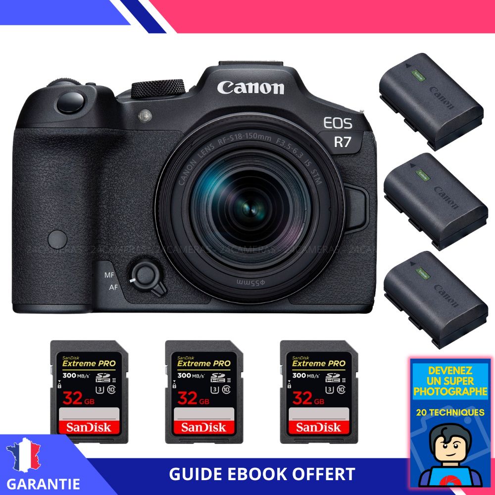 Canon EOS R7 + RF-S 18-150mm STM + 3x Carte SD 32 Go SanDisk Extreme PRO UHS-II + 3x Batterie LP-E6NH Canon + Ebook - Appareil photo hybride