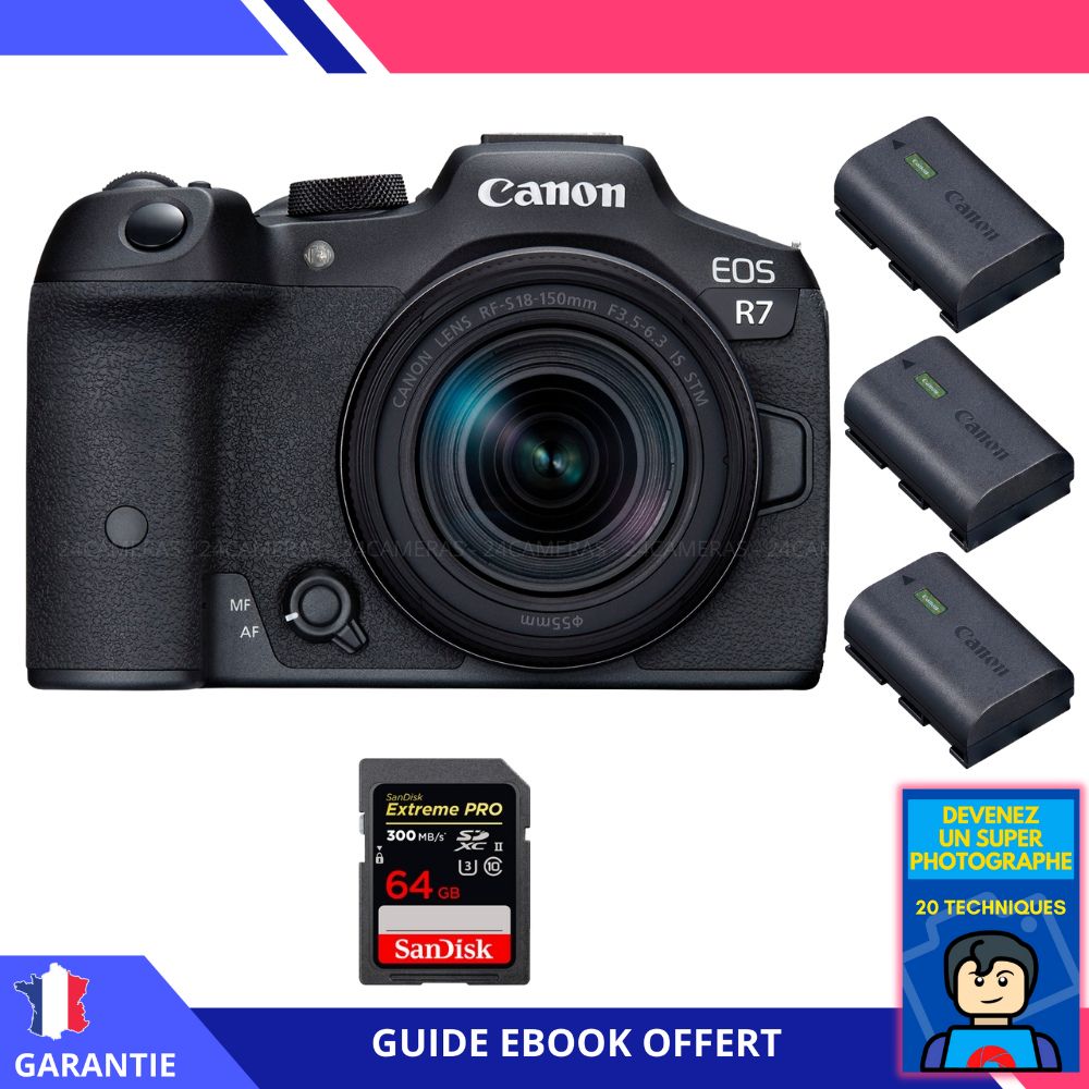 Canon EOS R7 + Objectif RF-S 18-150mm STM + 1 Carte SanDisk 64 Go Extreme PRO UHS-II SDXC + 3 Batteries Canon LP-E6NH + Ebook 'Devenez Un Super Photographe'