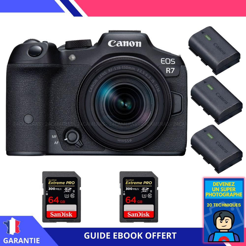 Canon EOS R7 + objectif RF-S 18-150mm STM + 2 cartes SDXC SanDisk 64Go Extreme PRO UHS-II + 3 batteries LP-E6NH + ebook 'Devenez un super photographe' - Appareil photo hybride