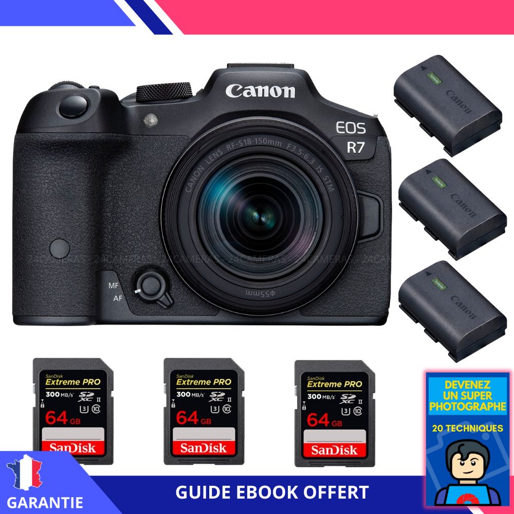 Canon EOS R7 + RF-S 18-150mm STM + 3 cartes SanDisk 64Go Extreme PRO UHS-II SDXC 300 Mo/s + 3 batteries Canon LP-E6NH + ebook 'Devenez un super photographe' - Appareil photo hybride