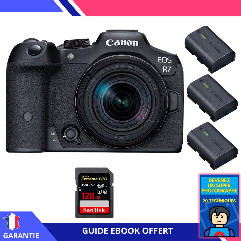 Canon EOS R7 + Objectif RF-S 18-150mm STM + Carte SD 128Go SanDisk Extreme PRO UHS-II + 3 Batteries LP-E6NH + Ebook 'Devenez Un Super Photographe' - Appareil Photo Hybride