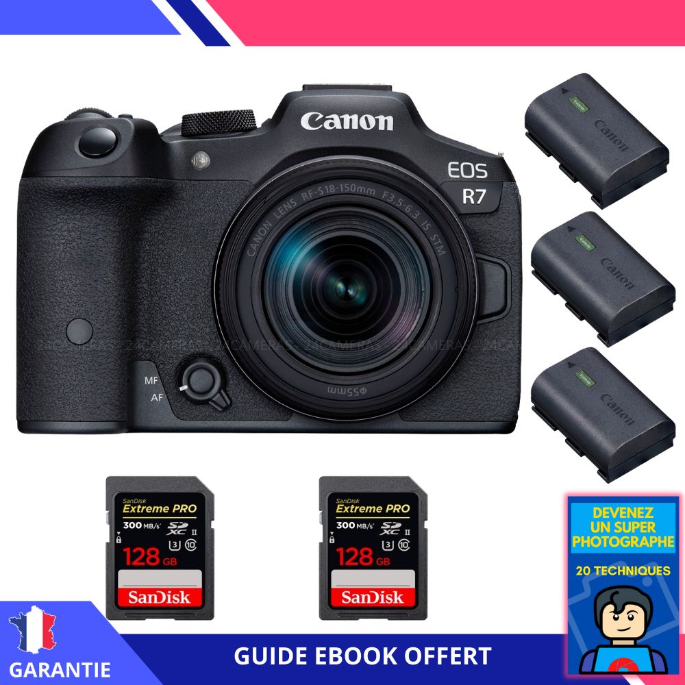 Canon EOS R7 + objectif RF-S 18-150mm STM + 2 cartes SanDisk 128 Go Extreme PRO UHS-II SDXC + 3 batteries LP-E6NH Canon + ebook 'Devenez un Super Photographe' - Appareil photo hybride