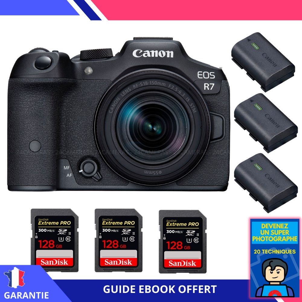 Canon EOS R7 + RF-S 18-150mm STM + 3 SanDisk 128Go Extreme PRO UHS-II SDXC 300Mo/s + 3 Canon LP-E6NH + Ebook 'Devenez un Super Photographe' - Appareil photo hybride