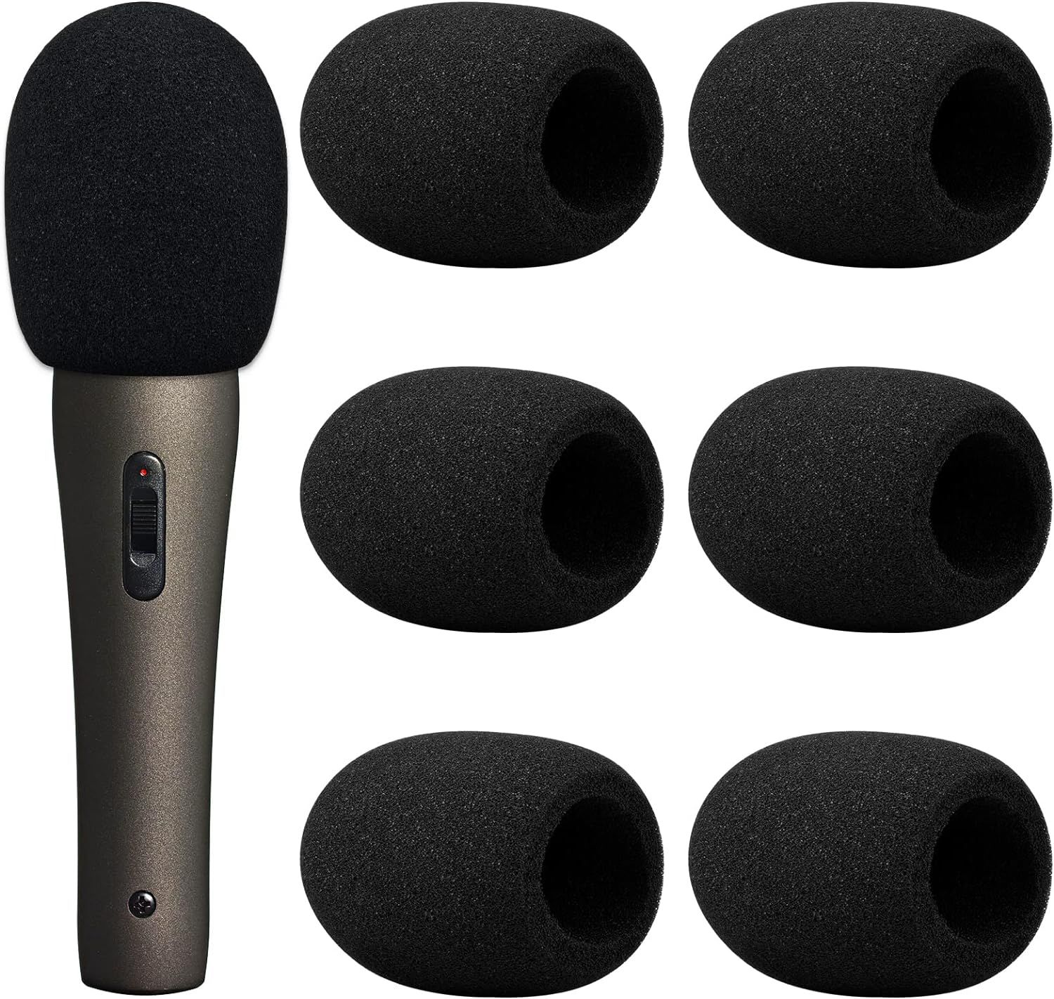 Kit de 6 auriculares con micrófono UniversalHouse (Negro) - Paraviento de espuma, micrófono manual, filtro anti-pop para karaoke, presentaciones en vivo, entrevistas y eventos al aire libre.