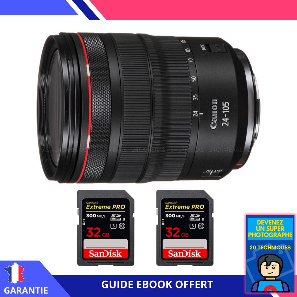 Canon RF 24-105mm f/4L IS USM Lens + 2x 32GB SanDisk Extreme PRO UHS-II Memory Cards + 'Become a Super Photographer' Ebook