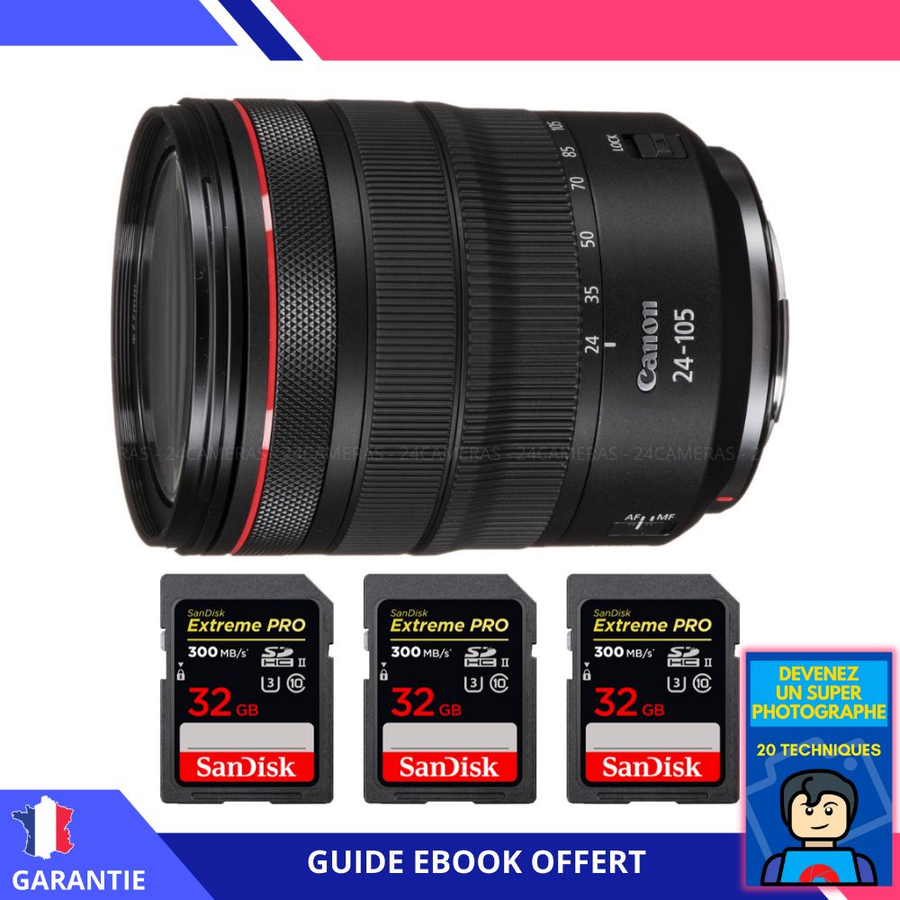 Canon RF 24-105mm f/4L IS USM Lens + 3 SanDisk 32GB Extreme PRO UHS-II 300MB/s Cards + 'Become a Super Photographer' Ebook